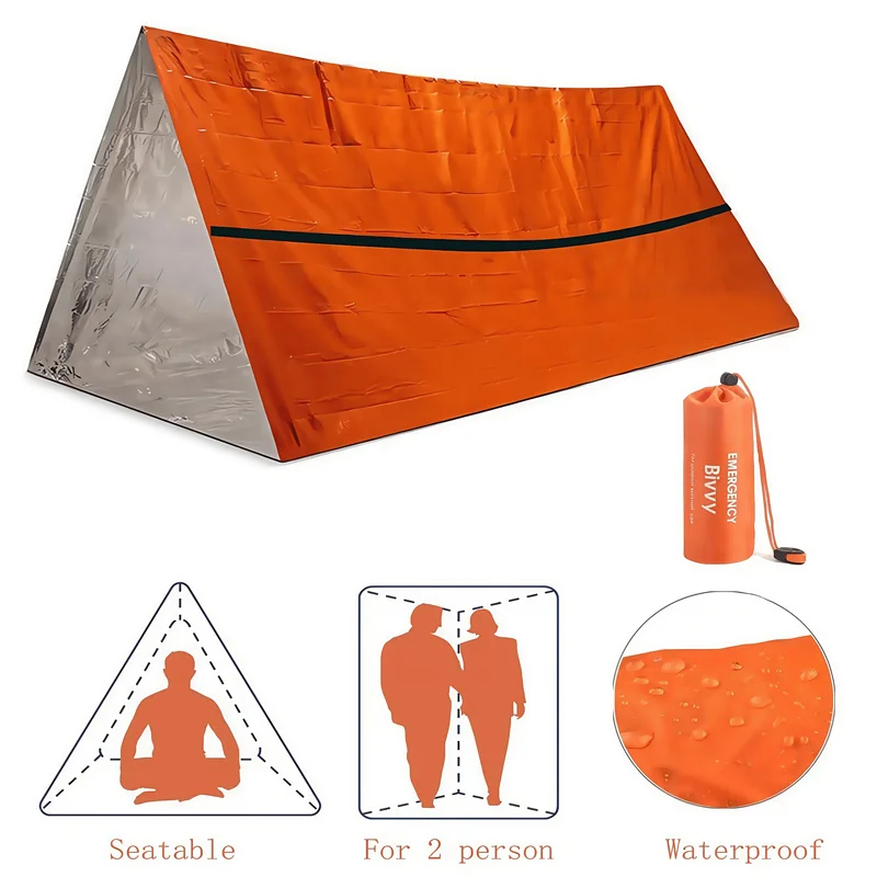 Emergency Mylar Tent - เต็นท์ฉุกเฉินสำหรับ 2 คน ผ้าไมลาร์กันน้ำ ถุงนอนเก็บความร้อน ใช้ซ้ำได้
